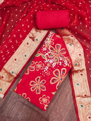 red unstitched print handwork with woven embellished dupatta modal dress material 4
