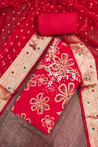 red unstitched print handwork with woven embellished dupatta modal dress material