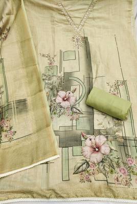 light green unstitched shimmer print handwork with printed dupatta linen dress material 2