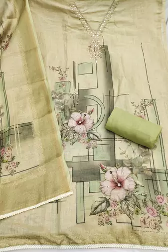 light green unstitched shimmer print handwork with printed dupatta linen dress material
