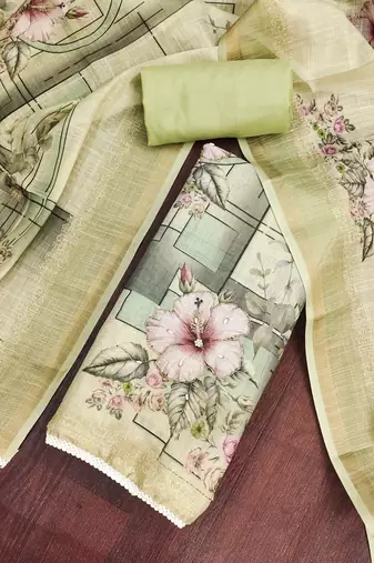light green unstitched shimmer print handwork with printed dupatta linen dress material