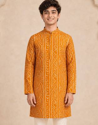 Boy's mustard rayon digital print knee length kurta 1