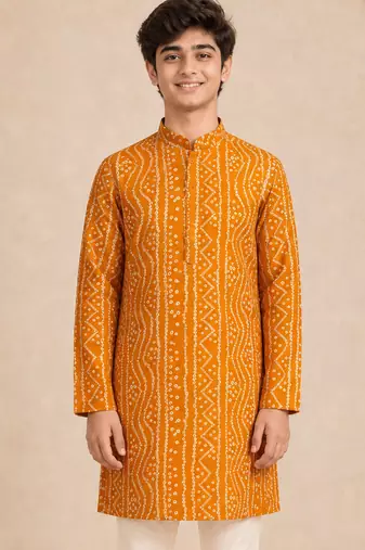Boy's mustard rayon digital print knee length kurta