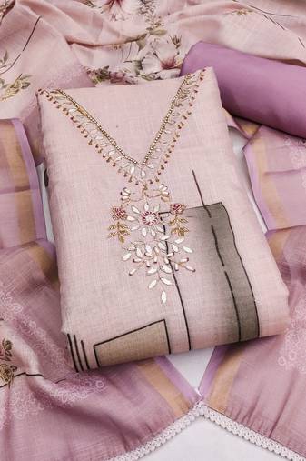 purple unstitched shimmer print handwork with printed dupatta linen dress material