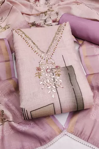 purple unstitched shimmer print handwork with printed dupatta linen dress material