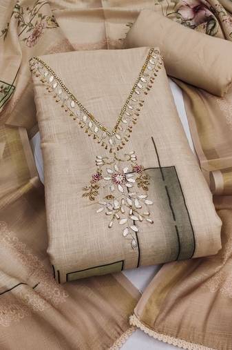 beige unstitched shimmer print handwork with printed dupatta linen dress material