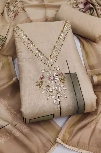beige unstitched shimmer print handwork with printed dupatta linen dress material