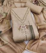 beige unstitched shimmer print handwork with printed dupatta linen dress material