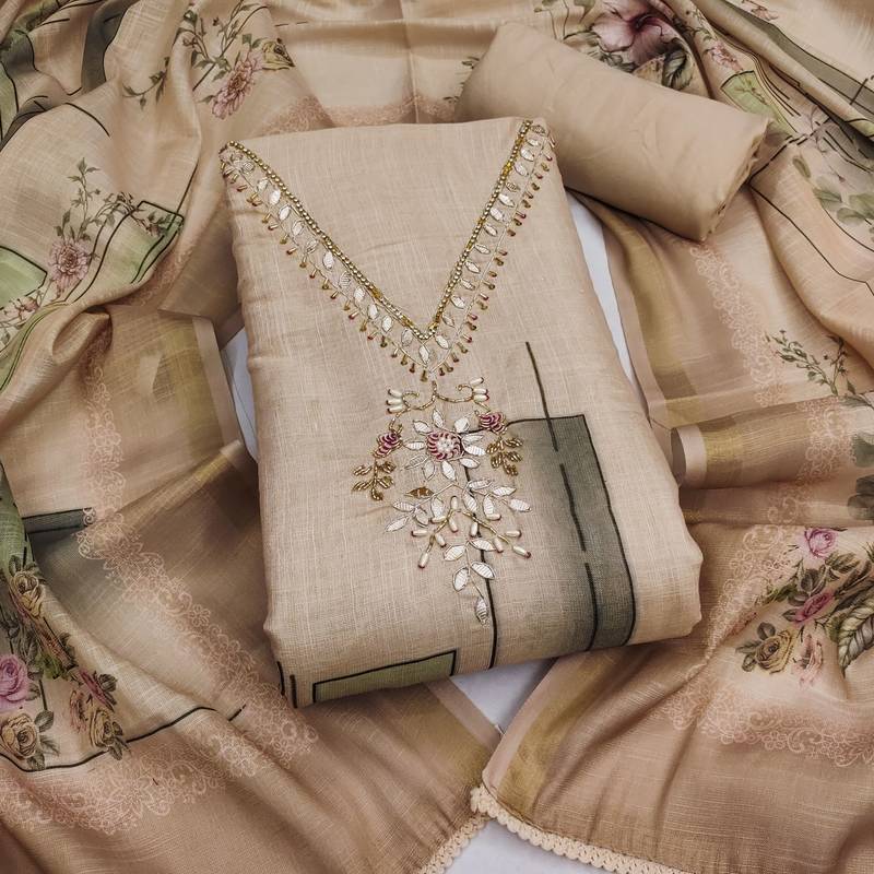beige unstitched shimmer print handwork with printed dupatta linen dress material