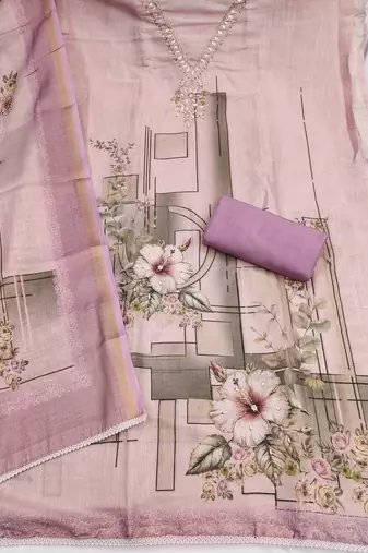 purple unstitched shimmer print handwork with printed dupatta linen dress material