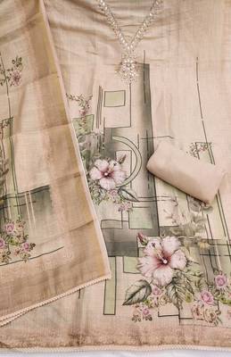 beige unstitched shimmer print handwork with printed dupatta linen dress material 2