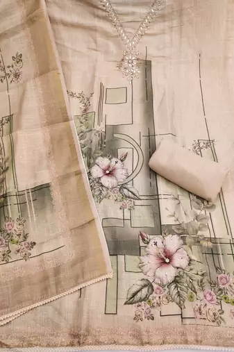 beige unstitched shimmer print handwork with printed dupatta linen dress material