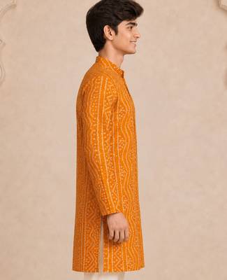 Boy's mustard rayon digital print knee length kurta 3
