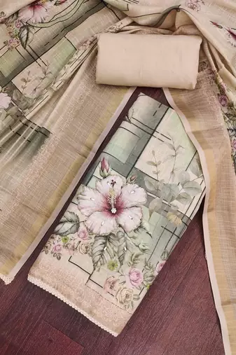 beige unstitched shimmer print handwork with printed dupatta linen dress material