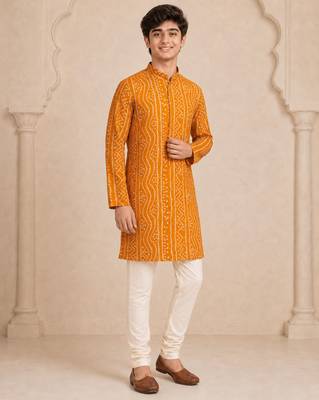 Boy's mustard rayon digital print knee length kurta 5