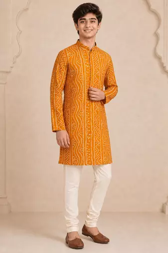 Boy's mustard rayon digital print knee length kurta