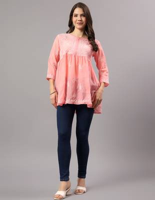 Seva chikan hand embroidered peach terivoil lucknowi chikan top scl9243 1