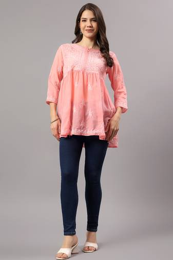 hand embroidered peach lucknowi chikan top