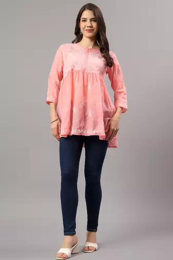 Seva chikan hand embroidered peach terivoil lucknowi chikan top scl9243