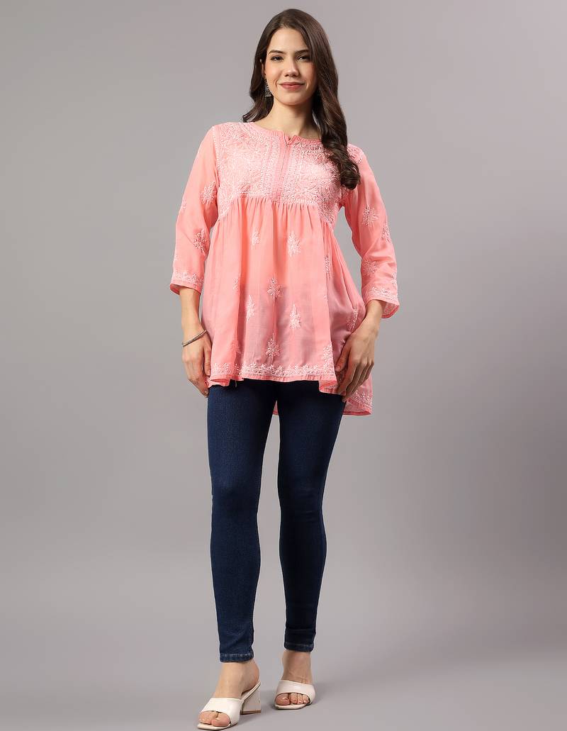 Seva chikan hand embroidered peach terivoil lucknowi chikan top scl9243