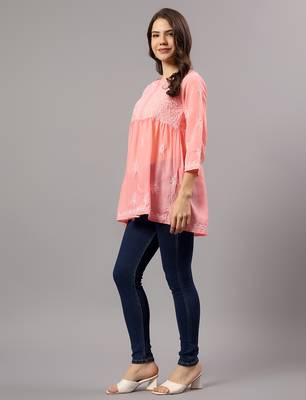 Seva chikan hand embroidered peach terivoil lucknowi chikan top scl9243 2