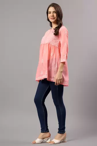 Seva chikan hand embroidered peach terivoil lucknowi chikan top scl9243