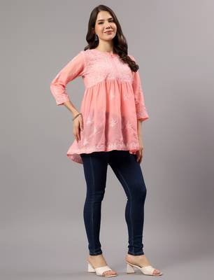 Seva chikan hand embroidered peach terivoil lucknowi chikan top scl9243 3