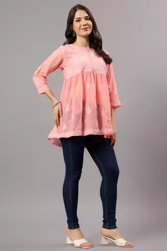 Seva chikan hand embroidered peach terivoil lucknowi chikan top scl9243