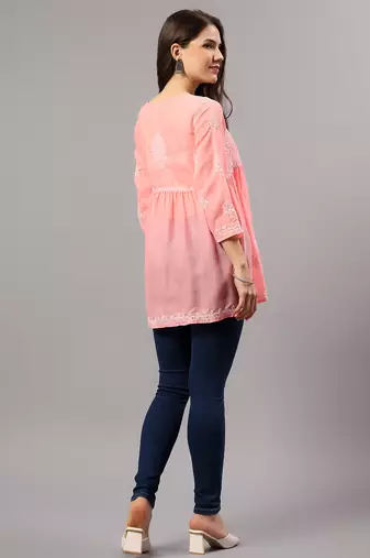 Seva chikan hand embroidered peach terivoil lucknowi chikan top scl9243