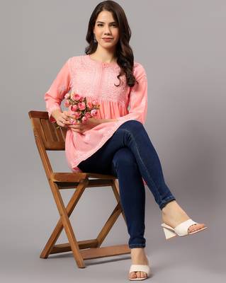 Seva chikan hand embroidered peach terivoil lucknowi chikan top scl9243 5