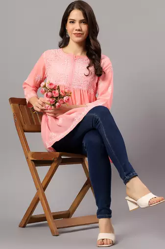 Seva chikan hand embroidered peach terivoil lucknowi chikan top scl9243
