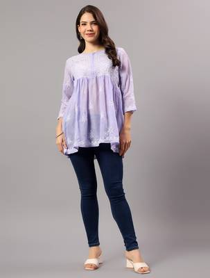 Seva chikan hand embroidered mauve terivoil lucknowi chikan top scl9244 1