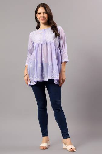 Seva chikan hand embroidered mauve terivoil lucknowi chikan top scl9244