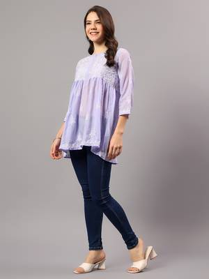 Seva chikan hand embroidered mauve terivoil lucknowi chikan top scl9244 2