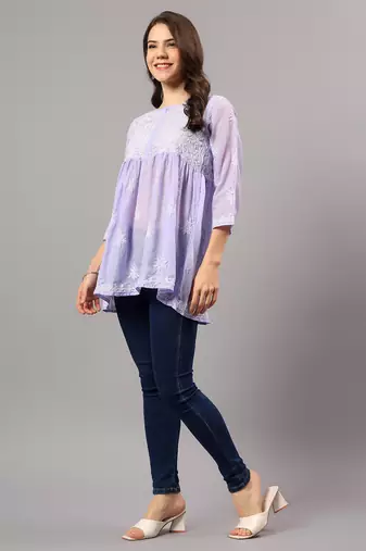 Seva chikan hand embroidered mauve terivoil lucknowi chikan top scl9244
