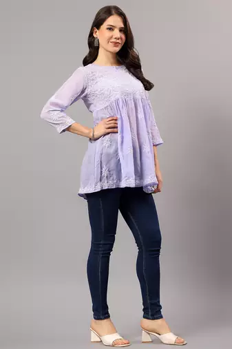 Seva chikan hand embroidered mauve terivoil lucknowi chikan top scl9244