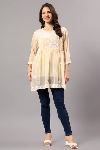 hand embroidered beige georgette lucknowi chikan top with slip