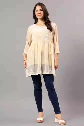 Seva chikan hand embroidered beige georgette lucknowi chikan top with slip scl9245