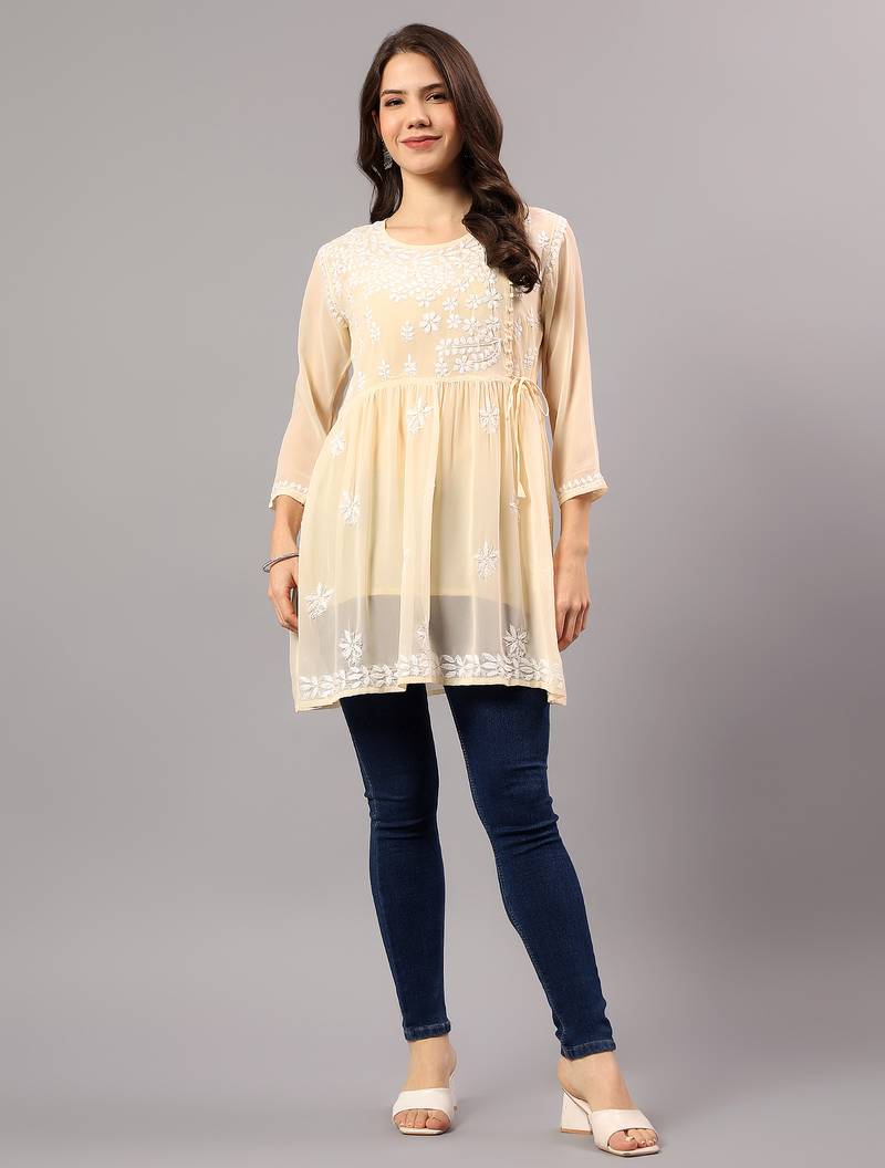 Seva chikan hand embroidered beige georgette lucknowi chikan top with slip scl9245