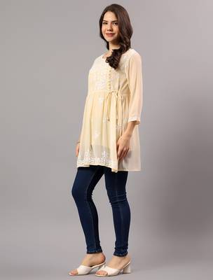 Seva chikan hand embroidered beige georgette lucknowi chikan top with slip scl9245 2