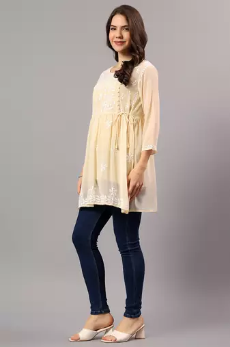 Seva chikan hand embroidered beige georgette lucknowi chikan top with slip scl9245