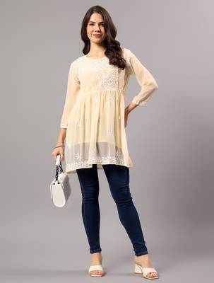Seva chikan hand embroidered beige georgette lucknowi chikan top with slip scl9245 5