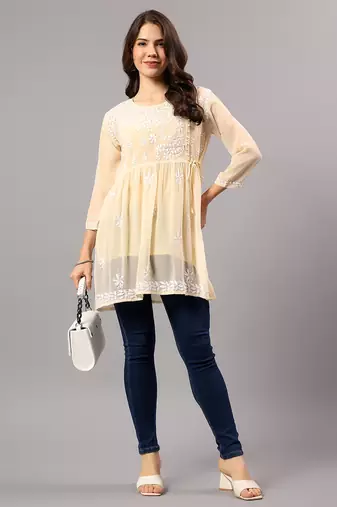 Seva chikan hand embroidered beige georgette lucknowi chikan top with slip scl9245