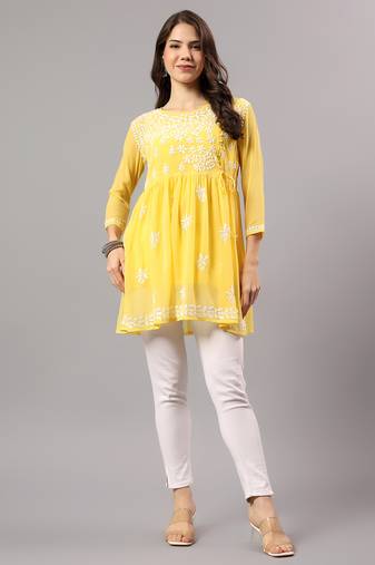 hand embroidered yellow georgette lucknowi chikan top with slip