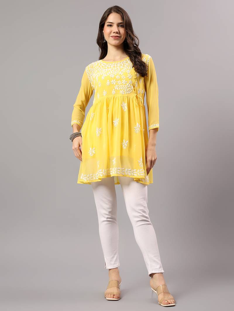 Seva chikan hand embroidered yellow georgette lucknowi chikan top with slip scl9246
