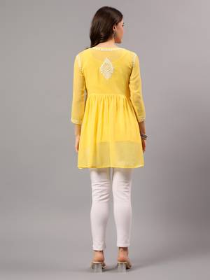 Seva chikan hand embroidered yellow georgette lucknowi chikan top with slip scl9246 2