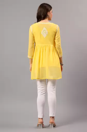 Seva chikan hand embroidered yellow georgette lucknowi chikan top with slip scl9246