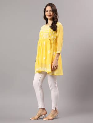 Seva chikan hand embroidered yellow georgette lucknowi chikan top with slip scl9246 3