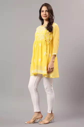 Seva chikan hand embroidered yellow georgette lucknowi chikan top with slip scl9246