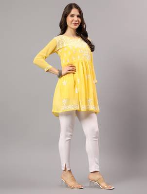 Seva chikan hand embroidered yellow georgette lucknowi chikan top with slip scl9246 4